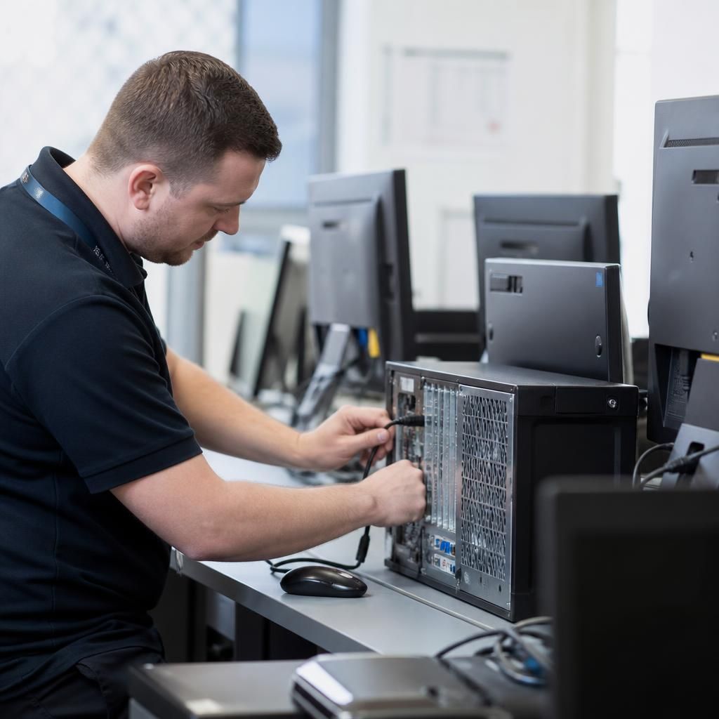 Technician configuring computers at one site of a multi-site business