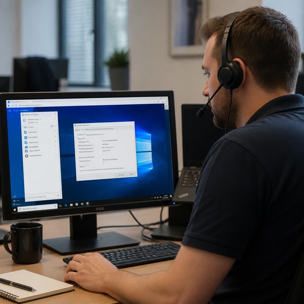 Technician reviewing a user's computer screen during a remote support connection