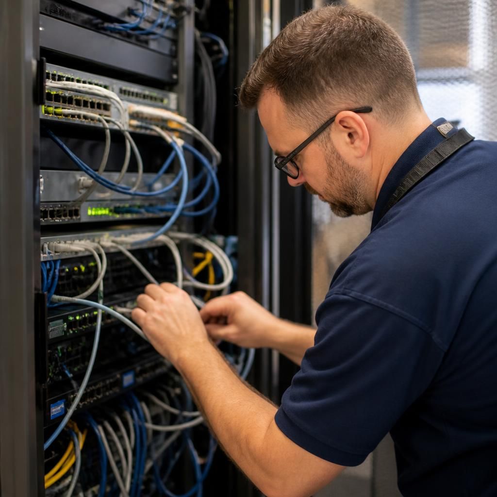 Technician inspecting network cables and equipment in a communications cabinet