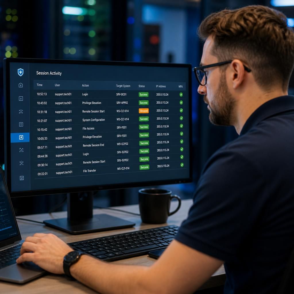 Technician reviewing a privileged access log on a secure remote support dashboard
