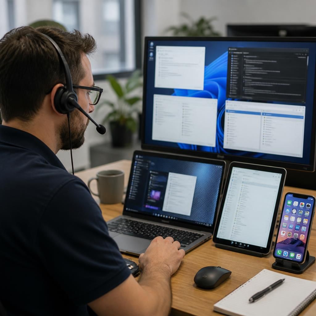 Technician reviewing support screens for desktop, laptop, tablet and smartphone devices