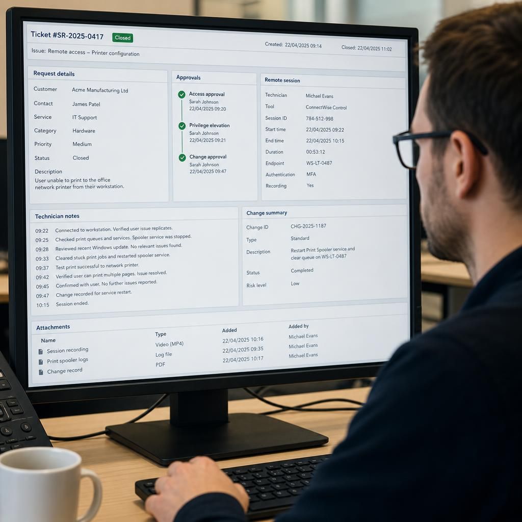 Remote support ticket showing approval, session timestamps and technician notes
