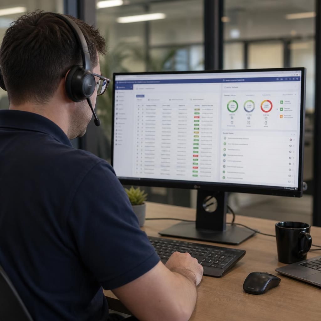 Technician reviewing a remote support ticket and device status on a computer screen
