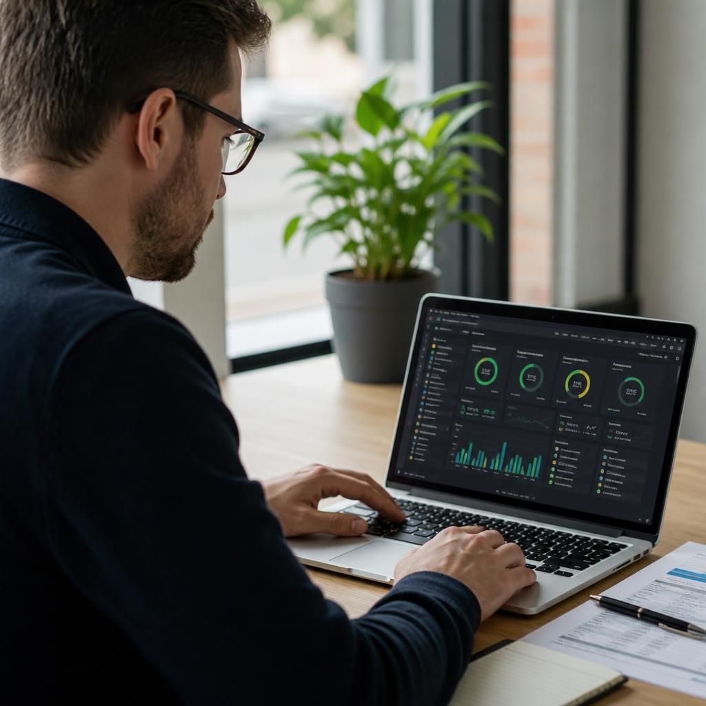 IT consultant reviewing a small business support plan and network dashboard on a laptop