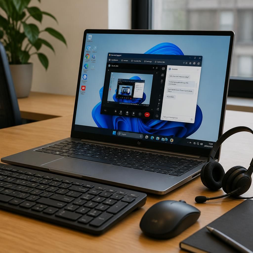 Laptop displaying a remote support session with a keyboard, mouse and headset nearby