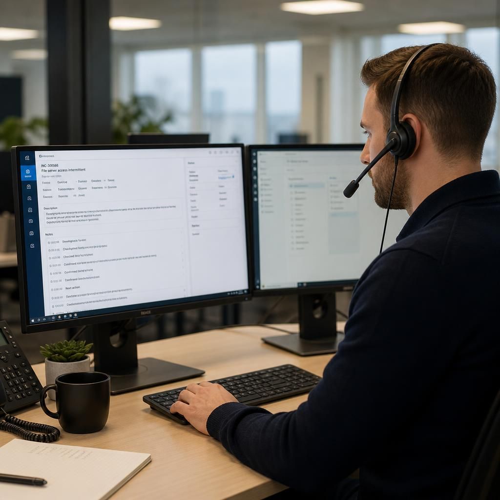 Technician reviewing a remote support ticket with diagnostic notes on a computer screen