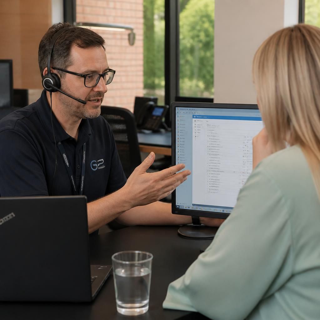 IT technician speaking with a business user at a desk during a support call