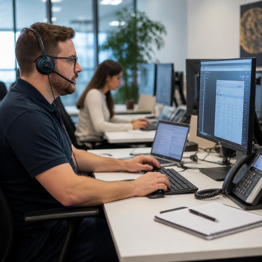 Professional services team working at desks with business technology
