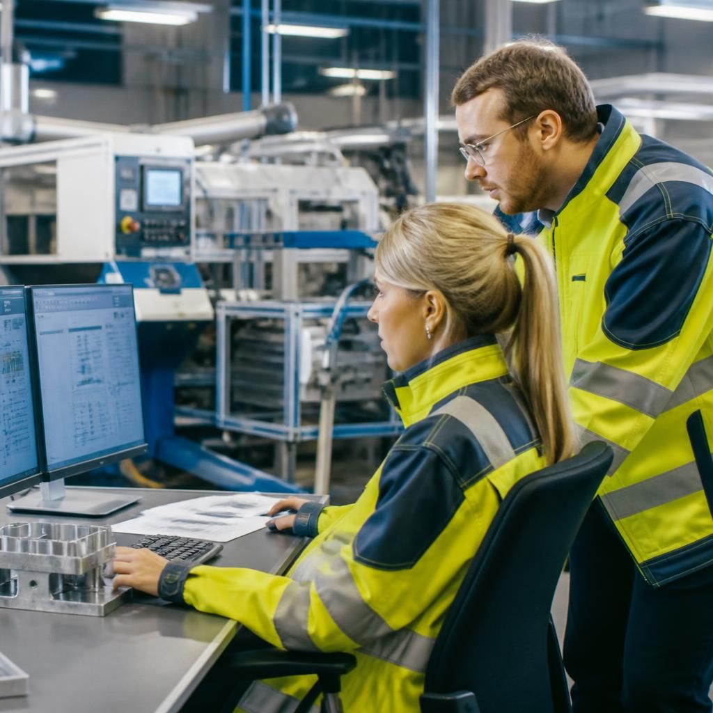 Manufacturing staff using computers and digital systems on a production site