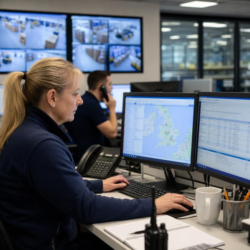 Logistics staff coordinating operations using computers and digital systems