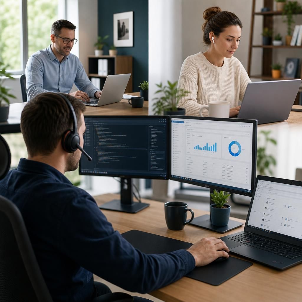 Employees working across different locations connected through business technology