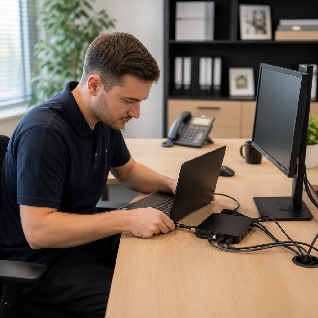 Technician checking a business laptop, monitor and docking station on a desk