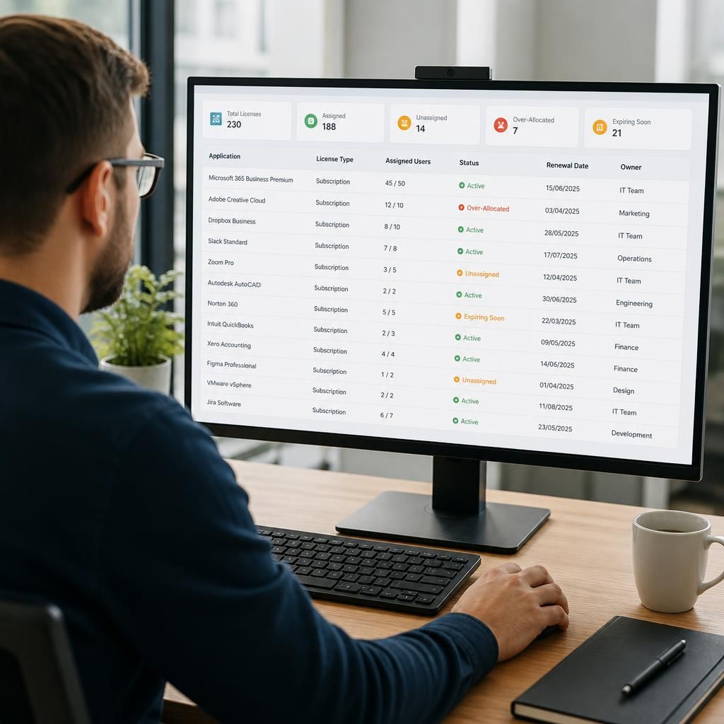 Software licence dashboard showing applications, assigned users and renewal dates