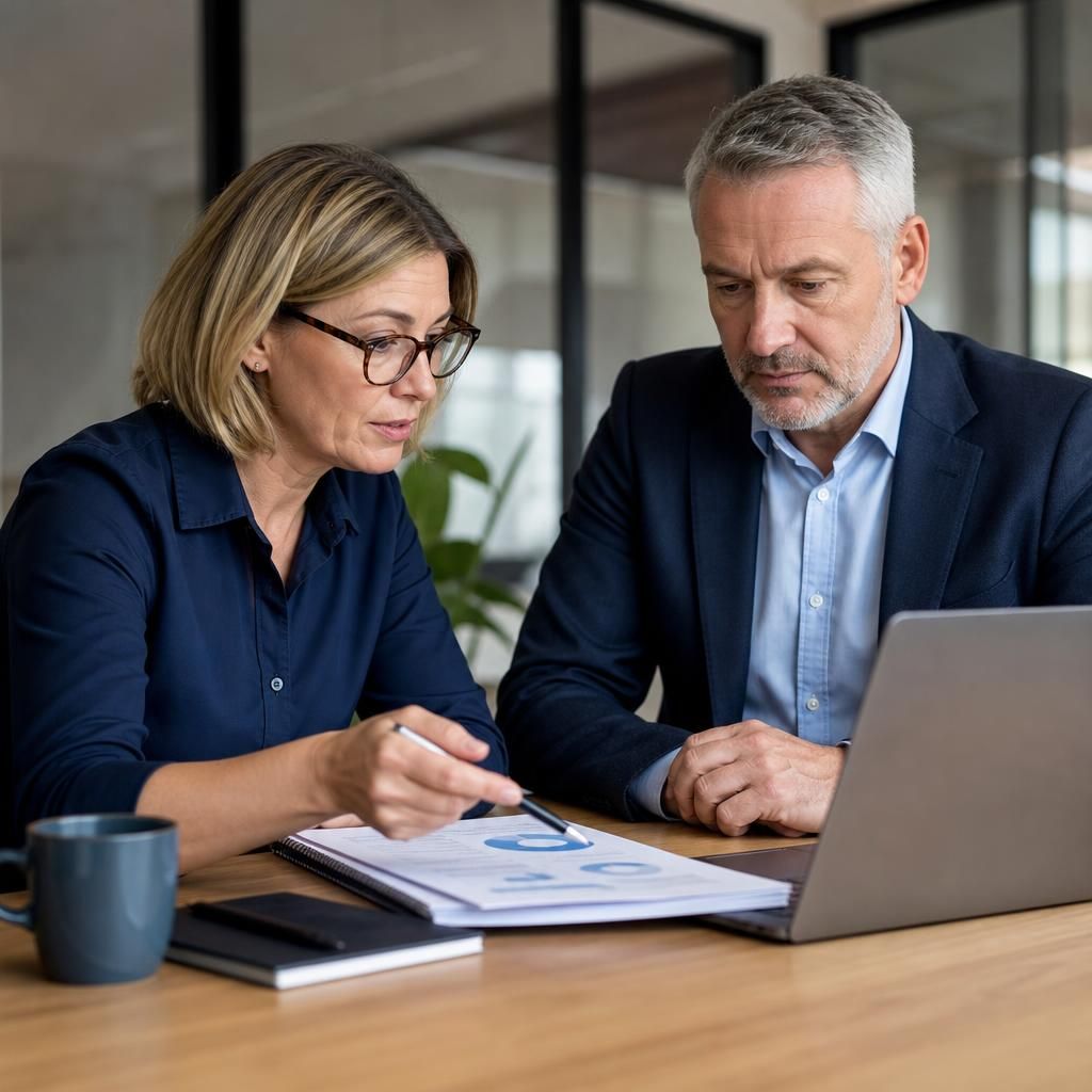 Business owners reviewing an IT support provider proposal beside a laptop