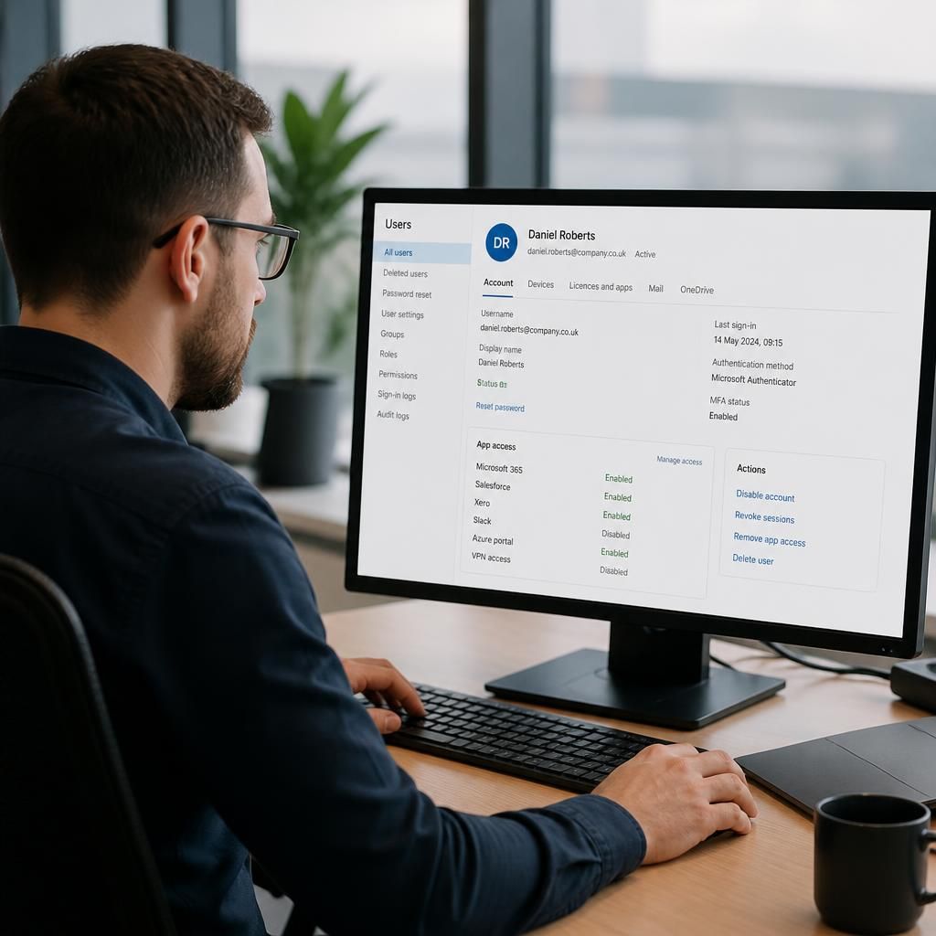 IT administrator reviewing user account permissions on a computer screen