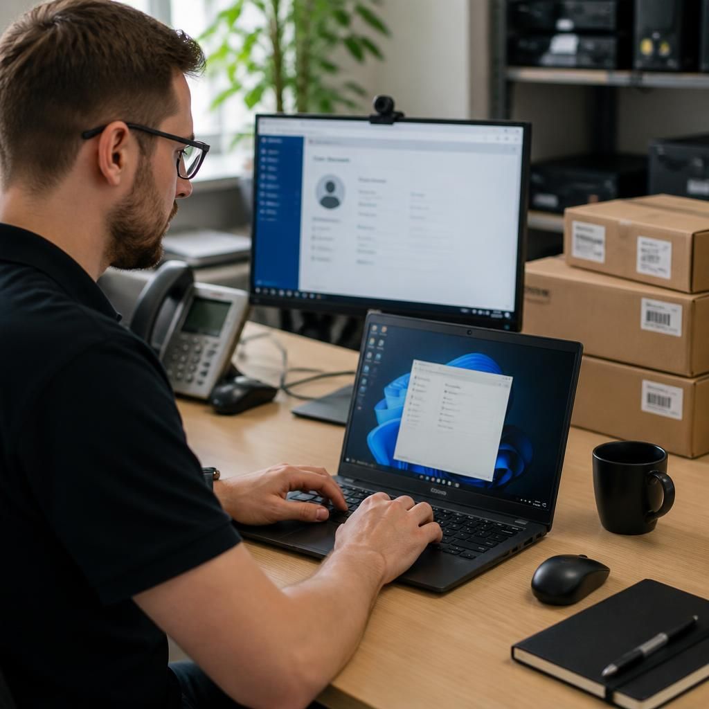 IT technician preparing a laptop and user account for a new employee
