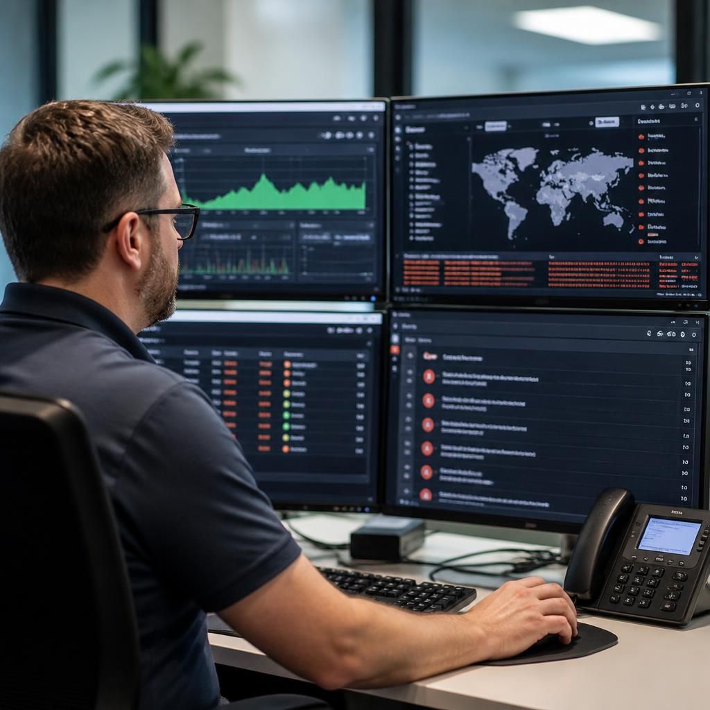 IT technician reviewing system security alerts on multiple computer screens