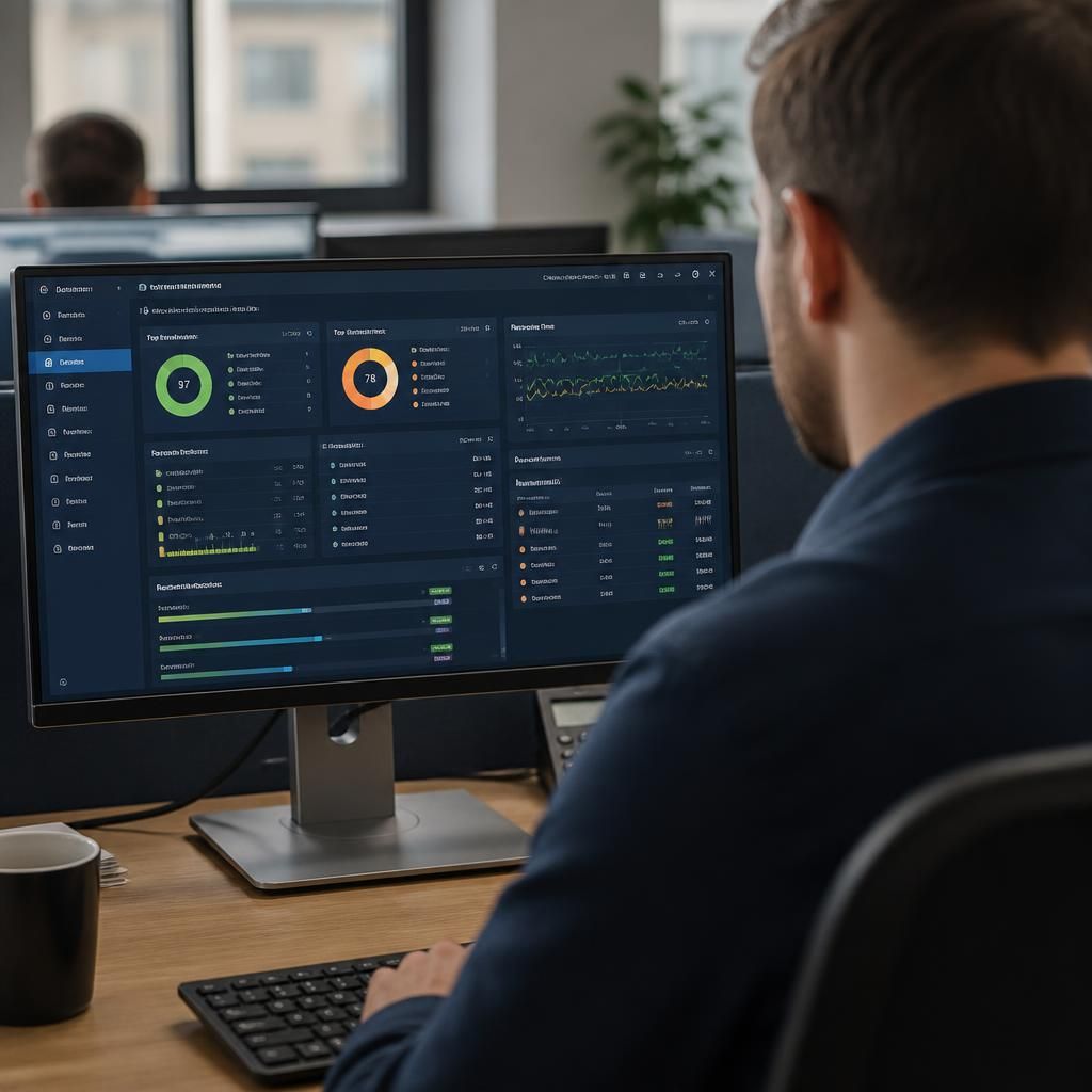 Technician reviewing a business network dashboard on a computer screen