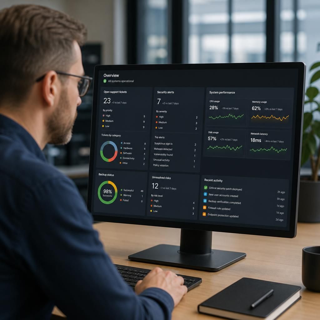IT support dashboard showing service tickets, security alerts and system performance data