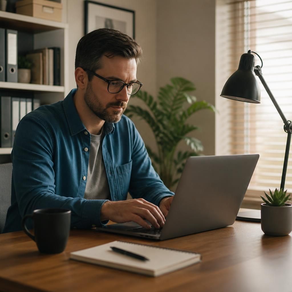 Remote employee using a laptop at a home workspace