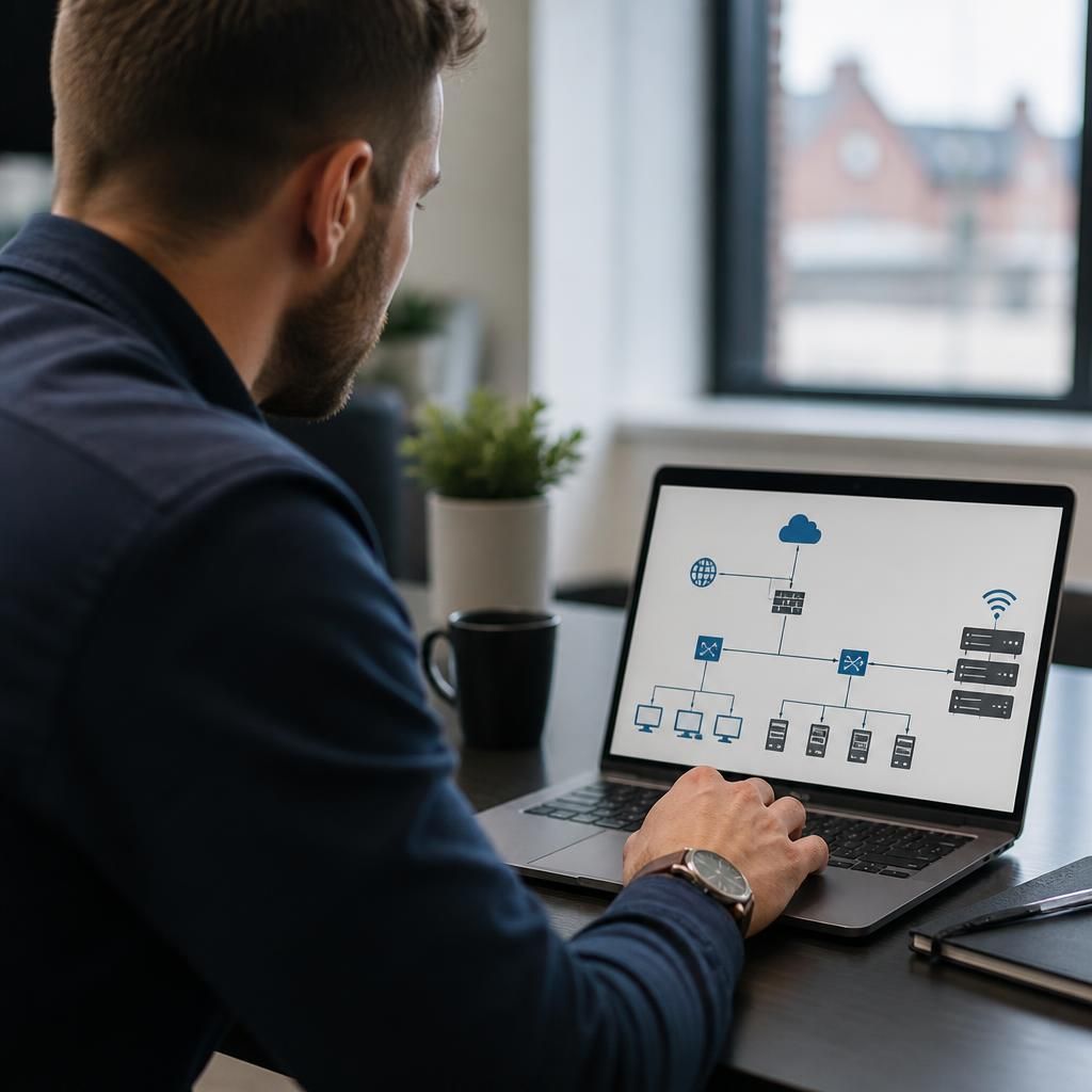 IT consultant reviewing a small business network diagram on a laptop