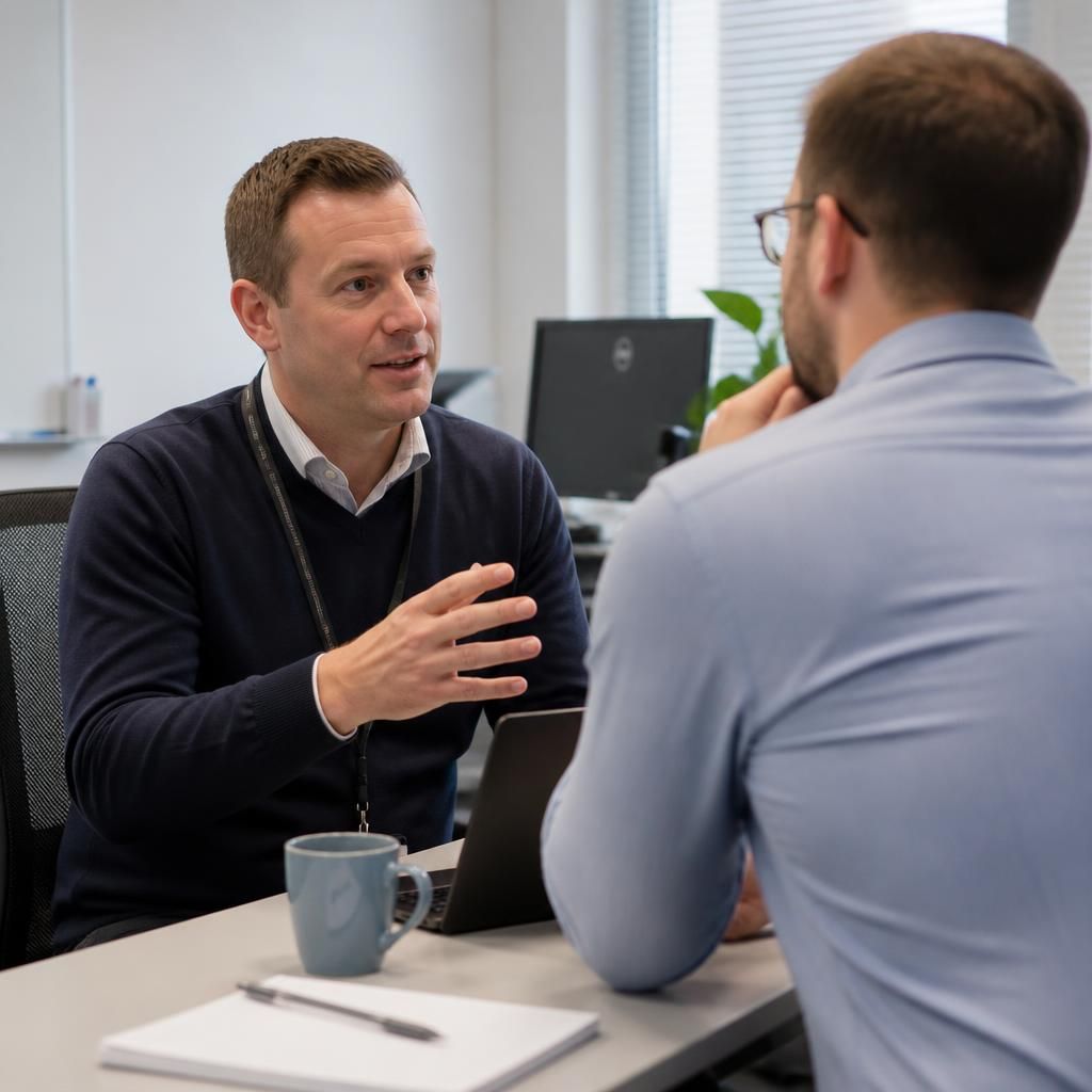 IT professional discussing technology with a business colleague