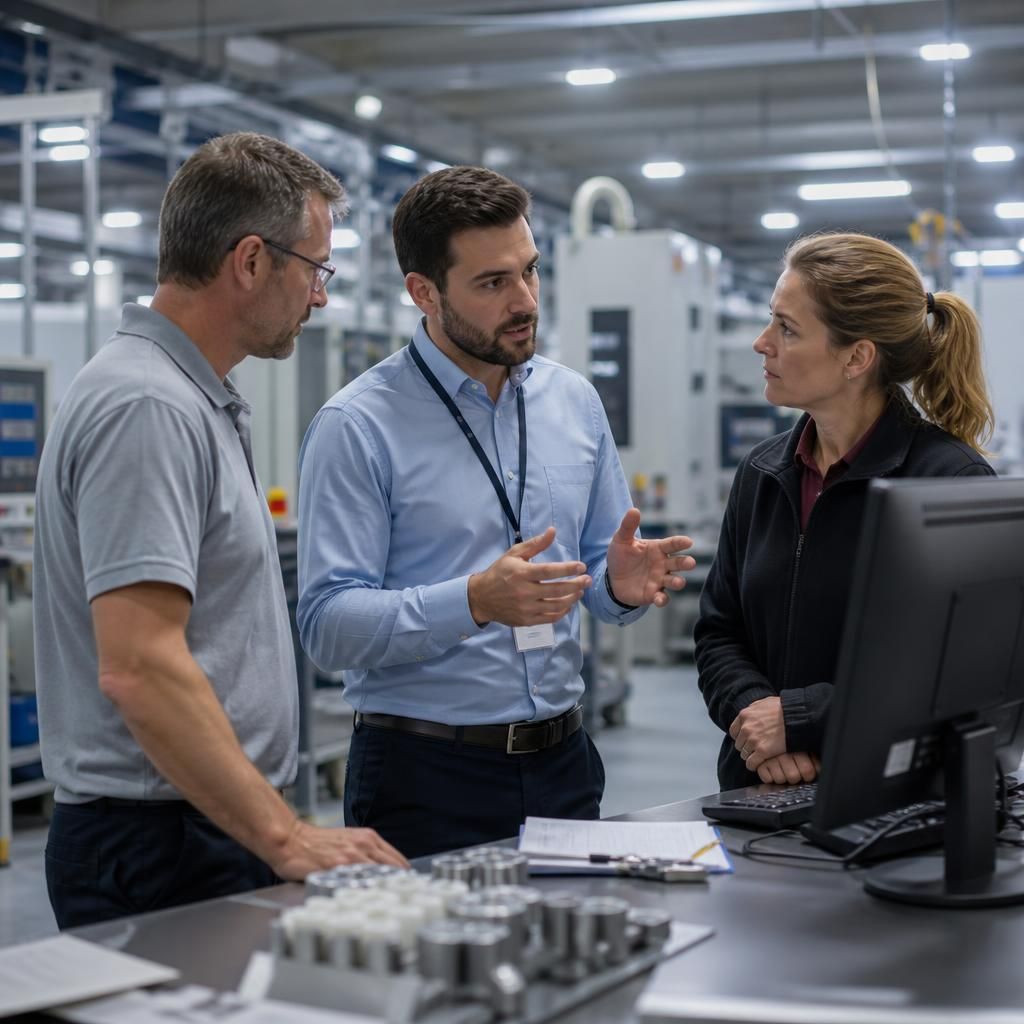 IT professional discussing network requirements with a manufacturing team