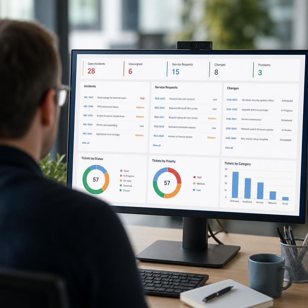 IT service desk dashboard showing incident tickets, service requests and change records