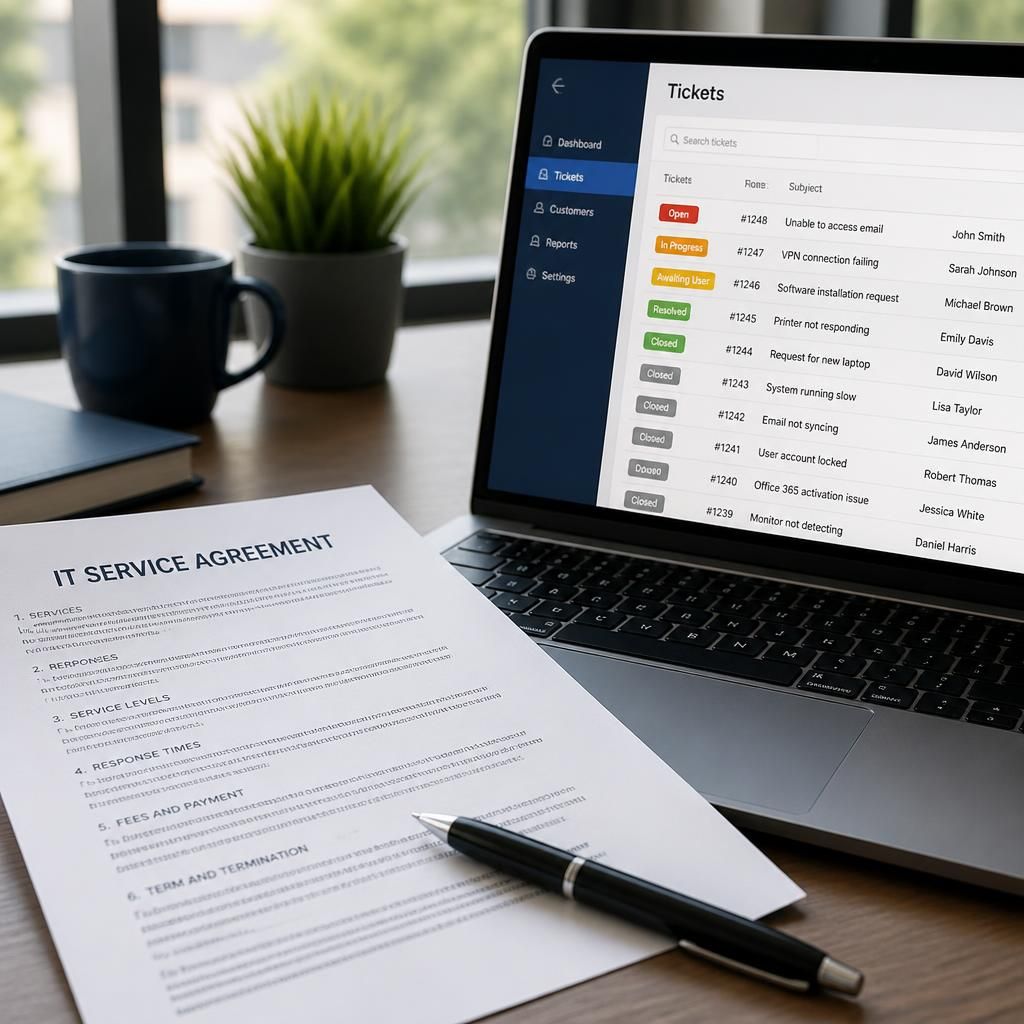 IT service agreement beside a laptop displaying helpdesk tickets