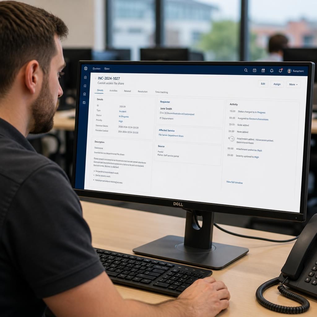 Support technician reviewing a structured ticket record on a computer screen