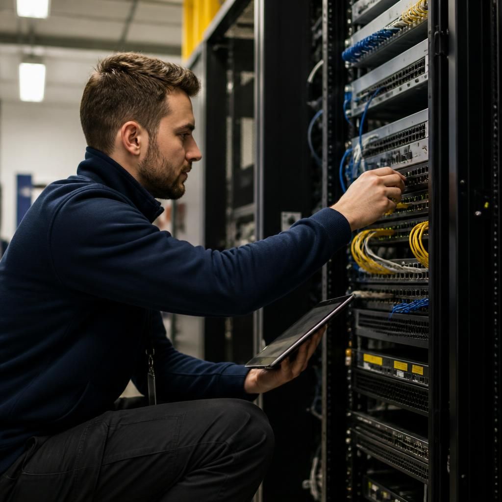 IT engineer inspecting network equipment in a business server room