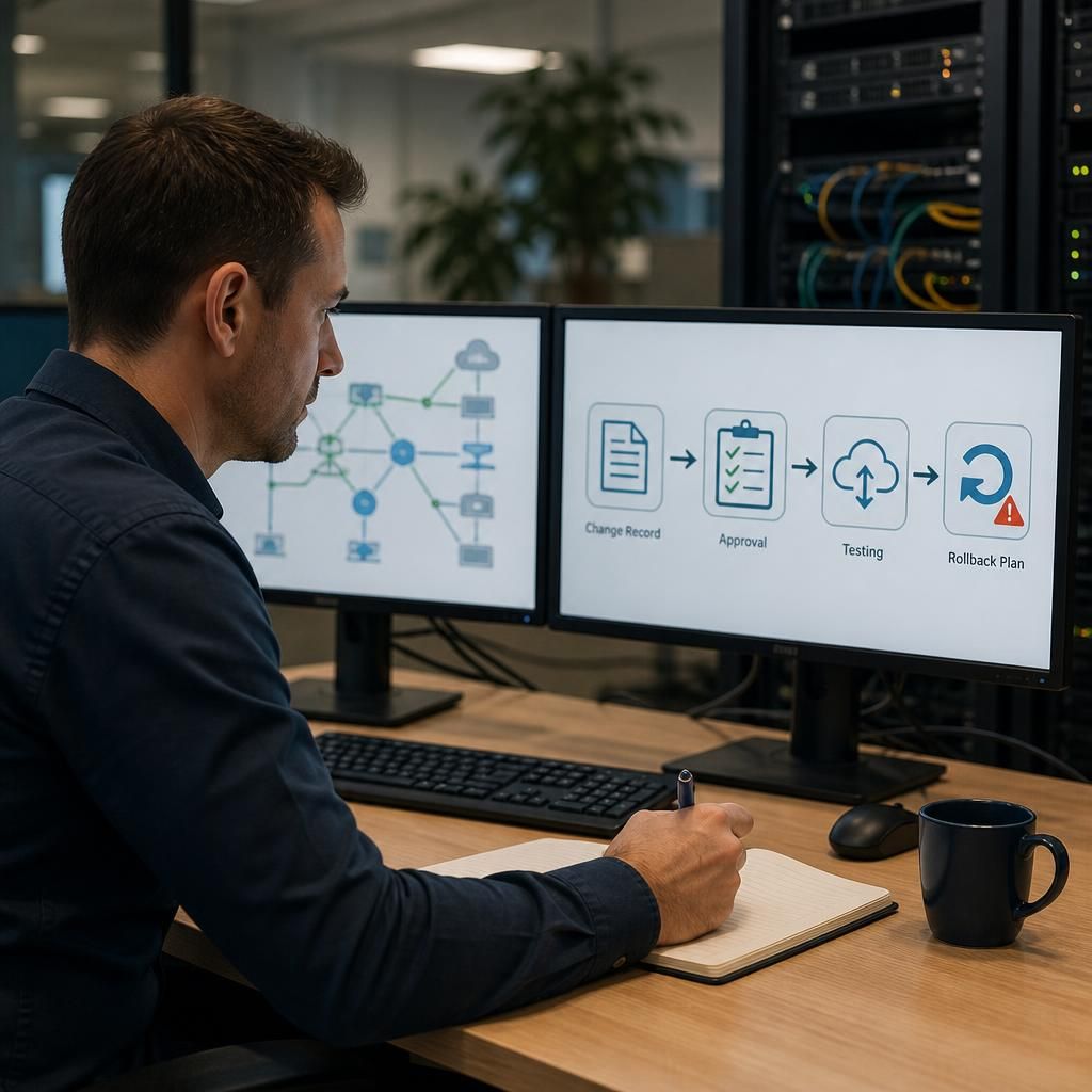 Network change record showing approval, testing and rollback stages