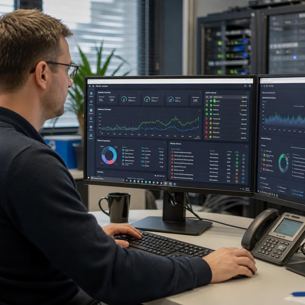 Network monitoring dashboard displaying connectivity graphs, device status and network alerts