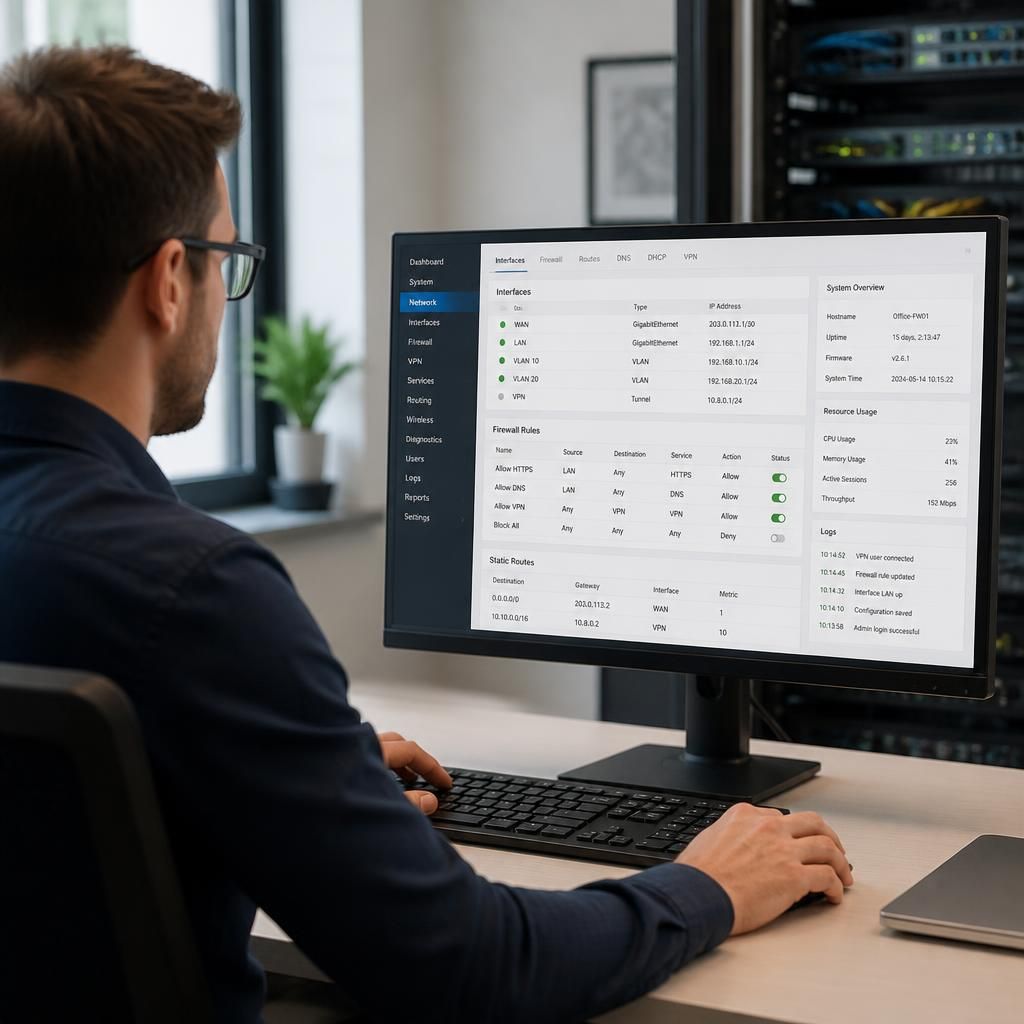Network administrator reviewing router and firewall configuration settings on a monitor