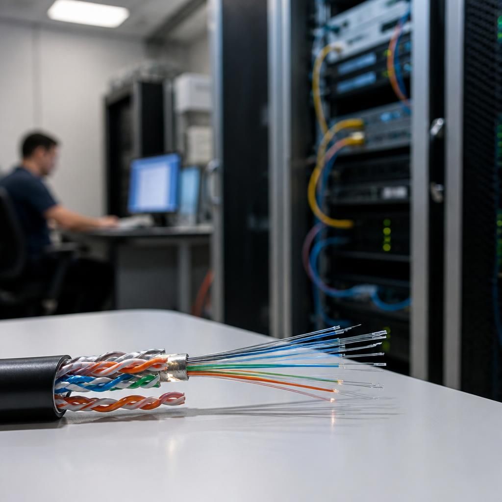 Diagram showing copper pairs and fibre carrying Ethernet from a business premises to a network exchange
