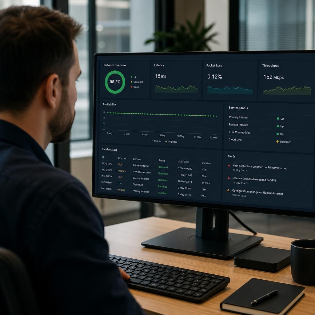 Network dashboard displaying connectivity performance data and incident records