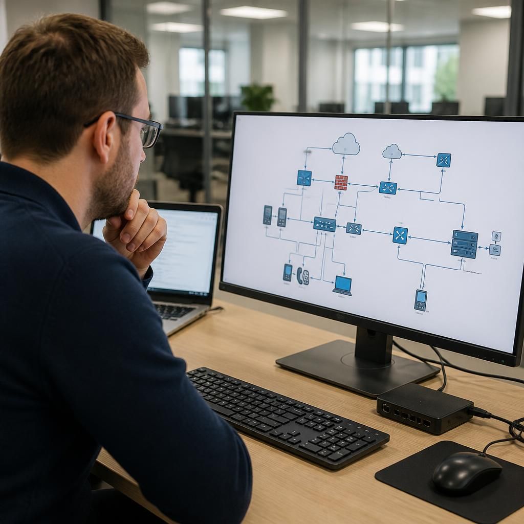 IT specialist reviewing a business network diagram on a computer screen