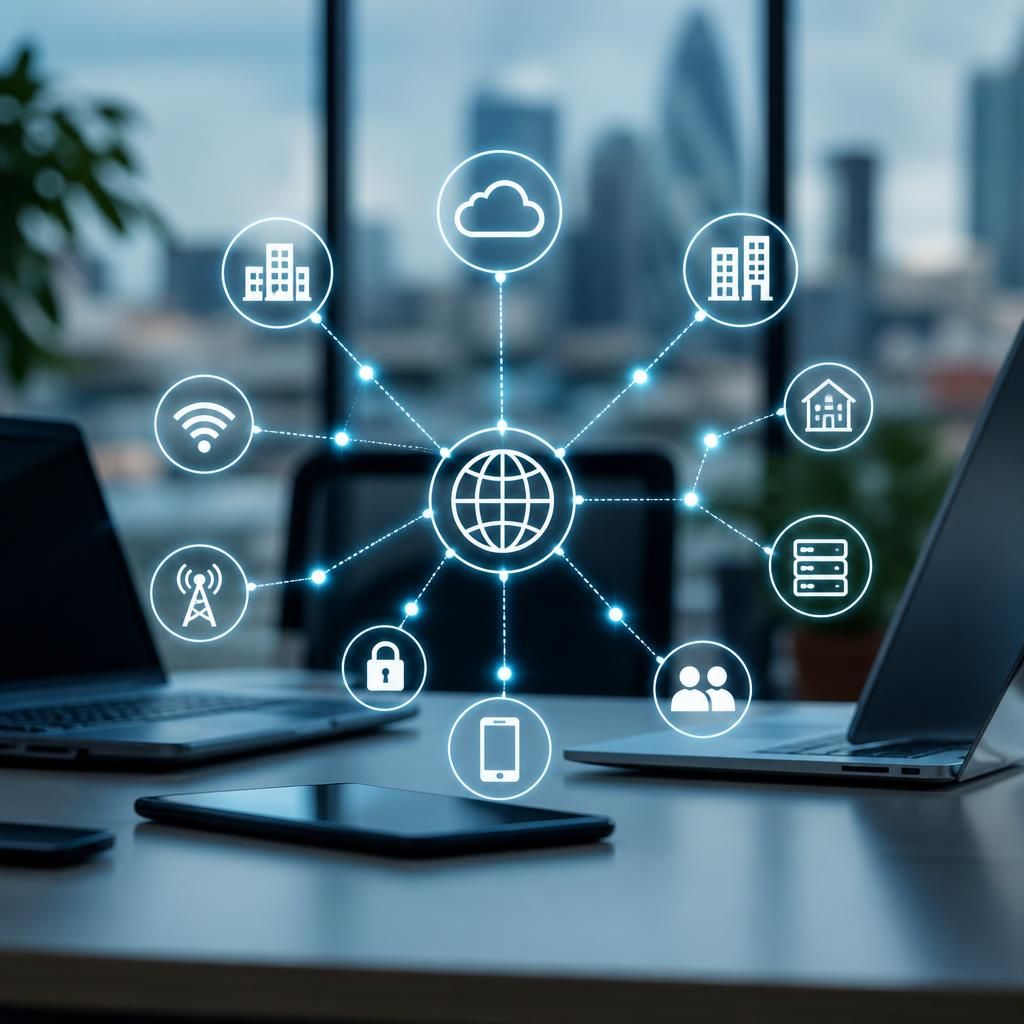 Diagram showing offices, cloud services and mobile devices connected through business networks