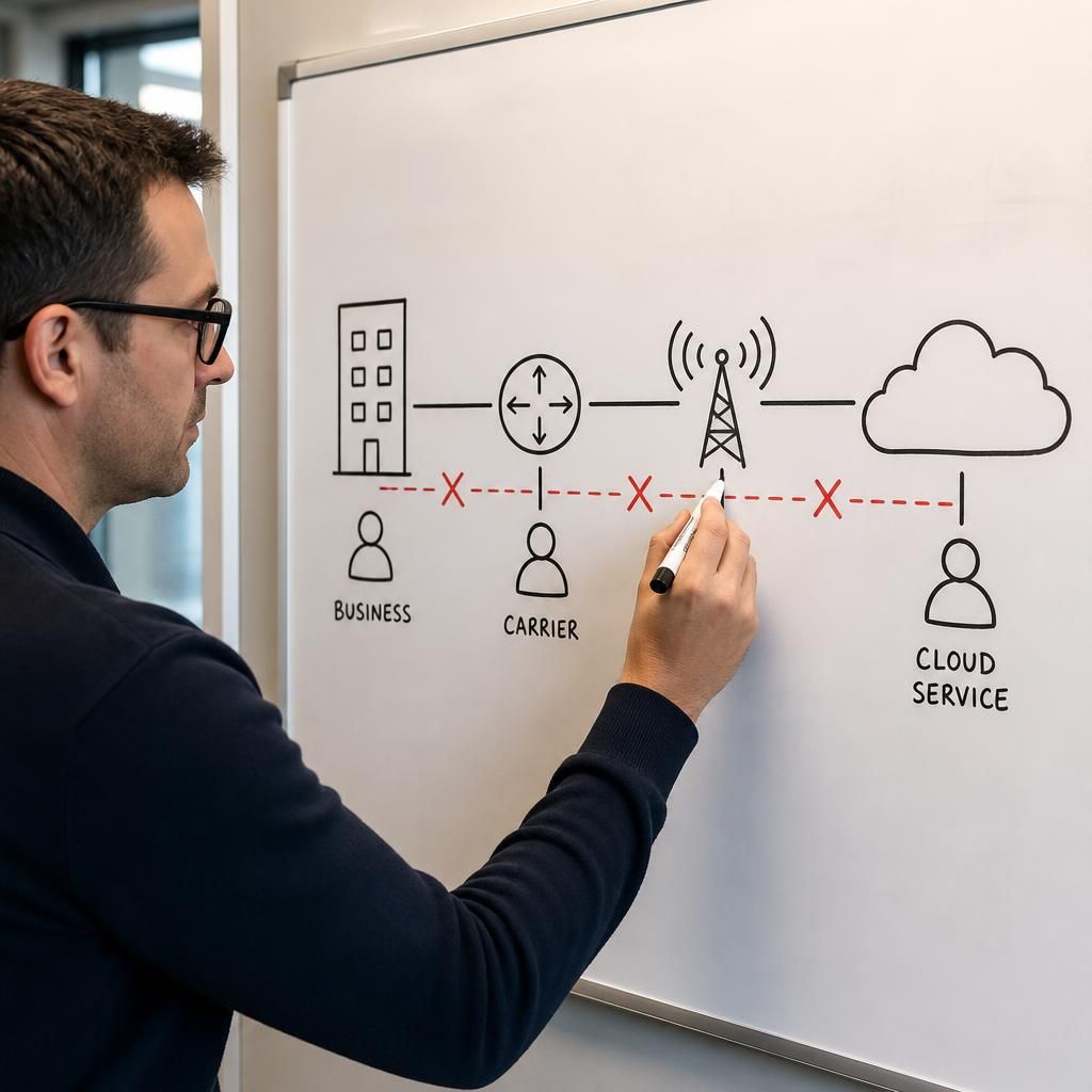 Diagram showing a connectivity fault path between a business, carrier, network provider and cloud service