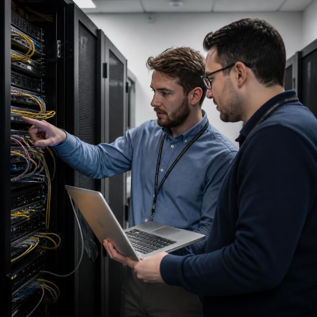 IT specialists reviewing network equipment together
