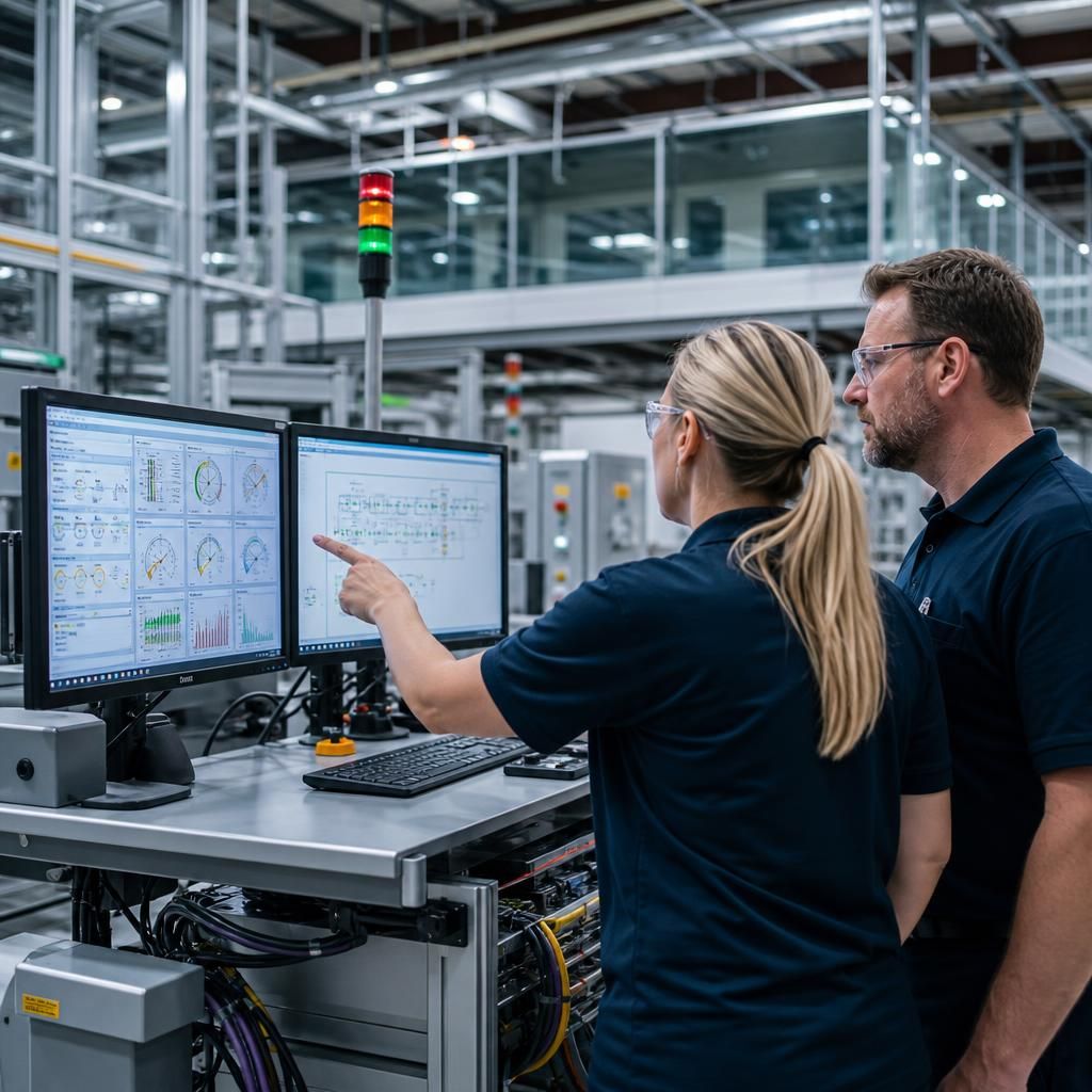 Manufacturing staff monitoring production systems and network equipment