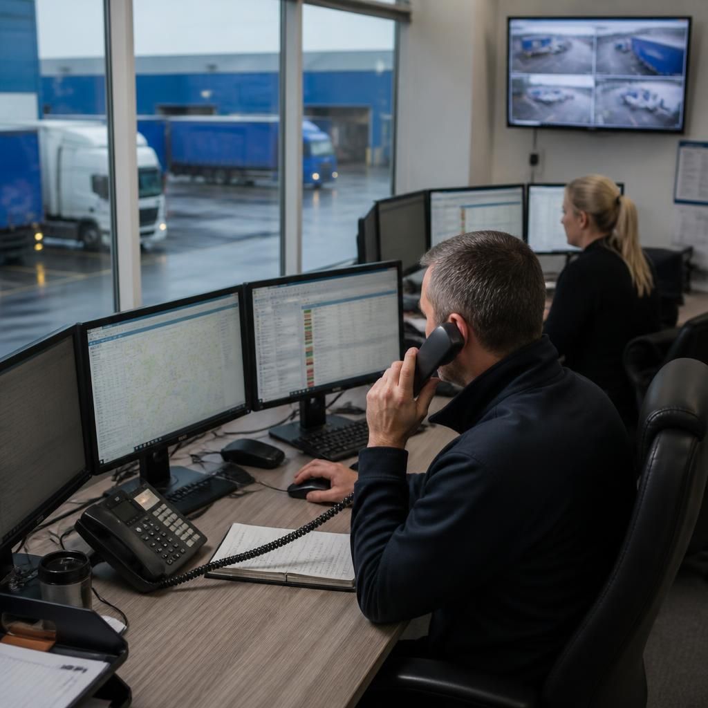 Logistics team coordinating transport operations through connected systems