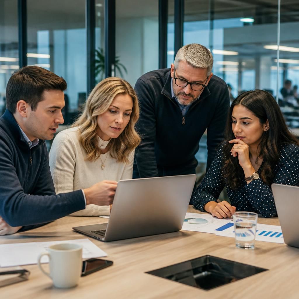 Growing business team reviewing digital systems and connectivity plans