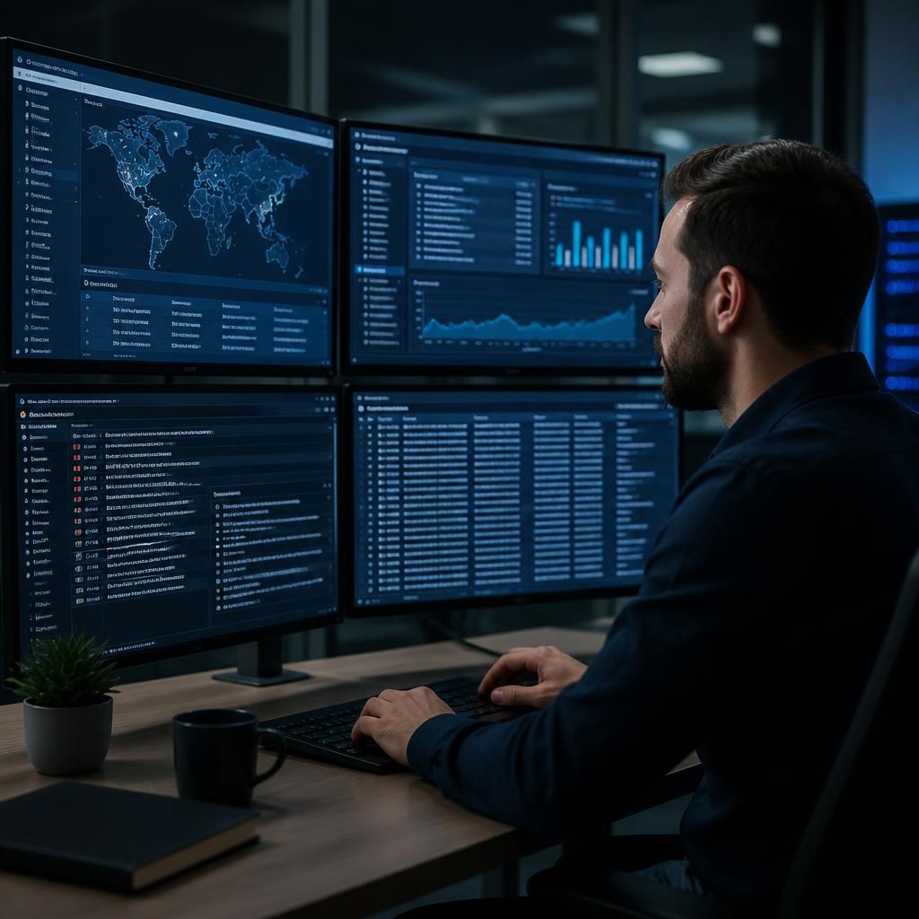 Security analyst reviewing alerts and access logs across multiple business systems