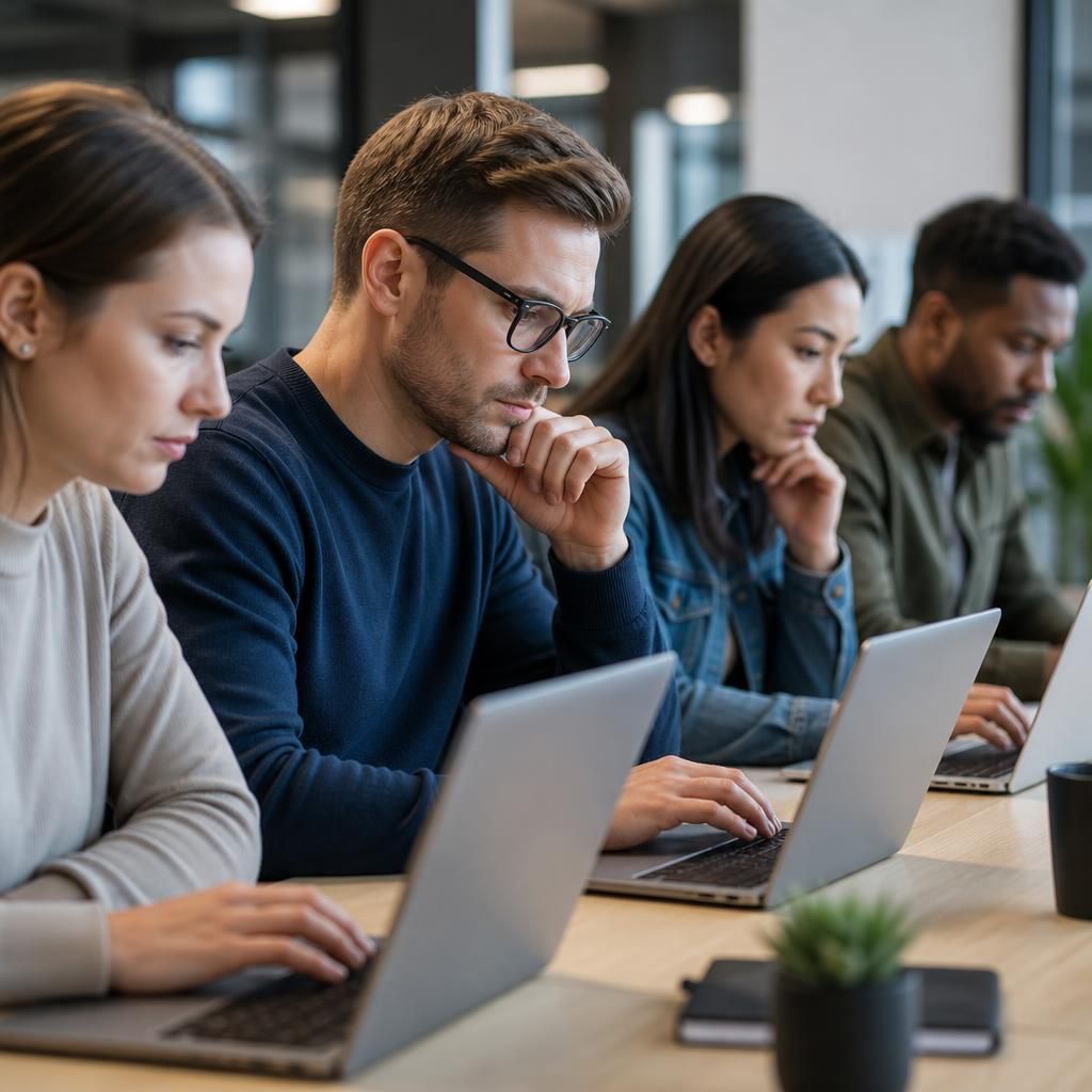 Employees completing a simulated phishing awareness exercise on laptops