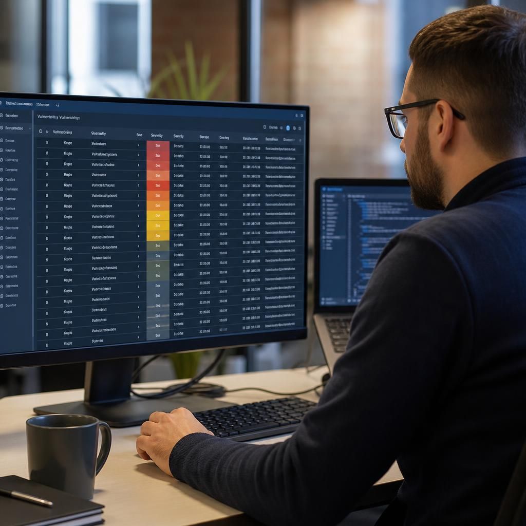 Security analyst reviewing a vulnerability risk register on a computer screen