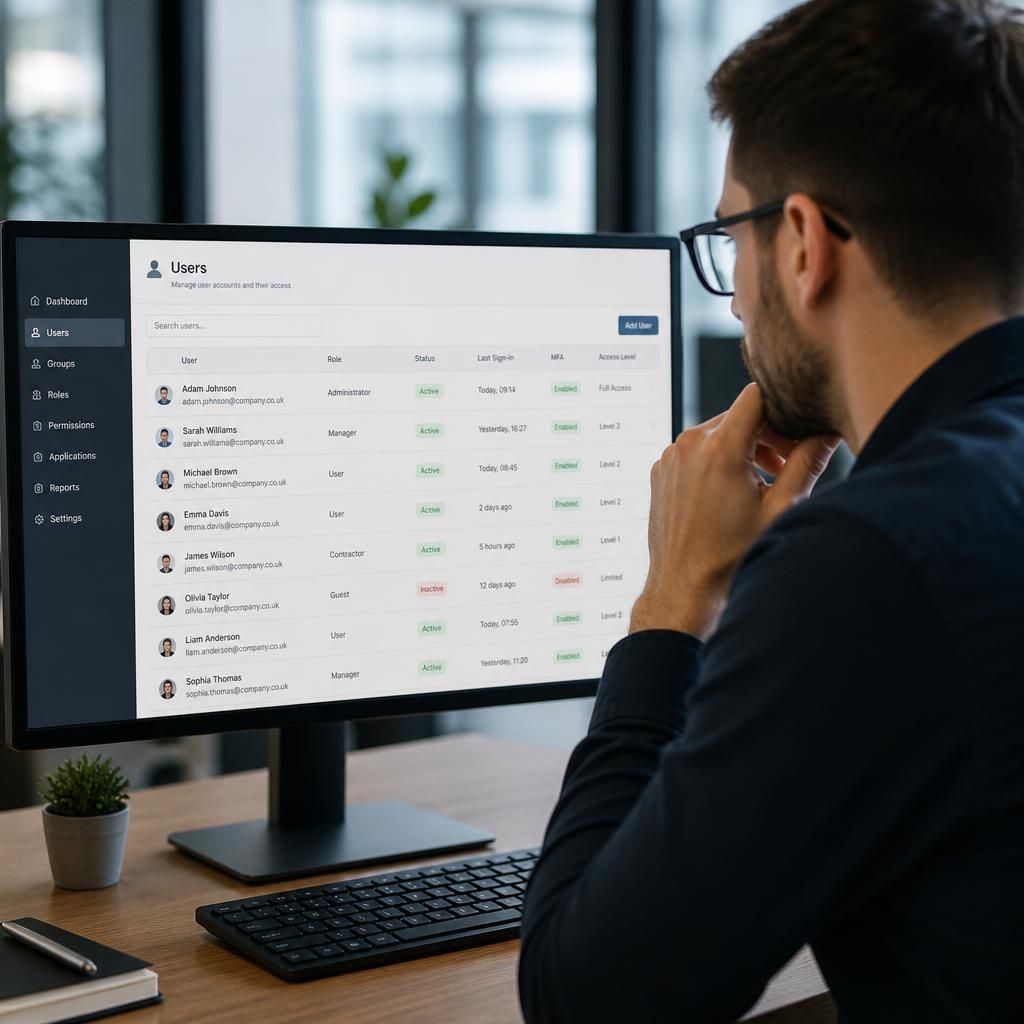 IT professional reviewing user access permissions on a computer screen