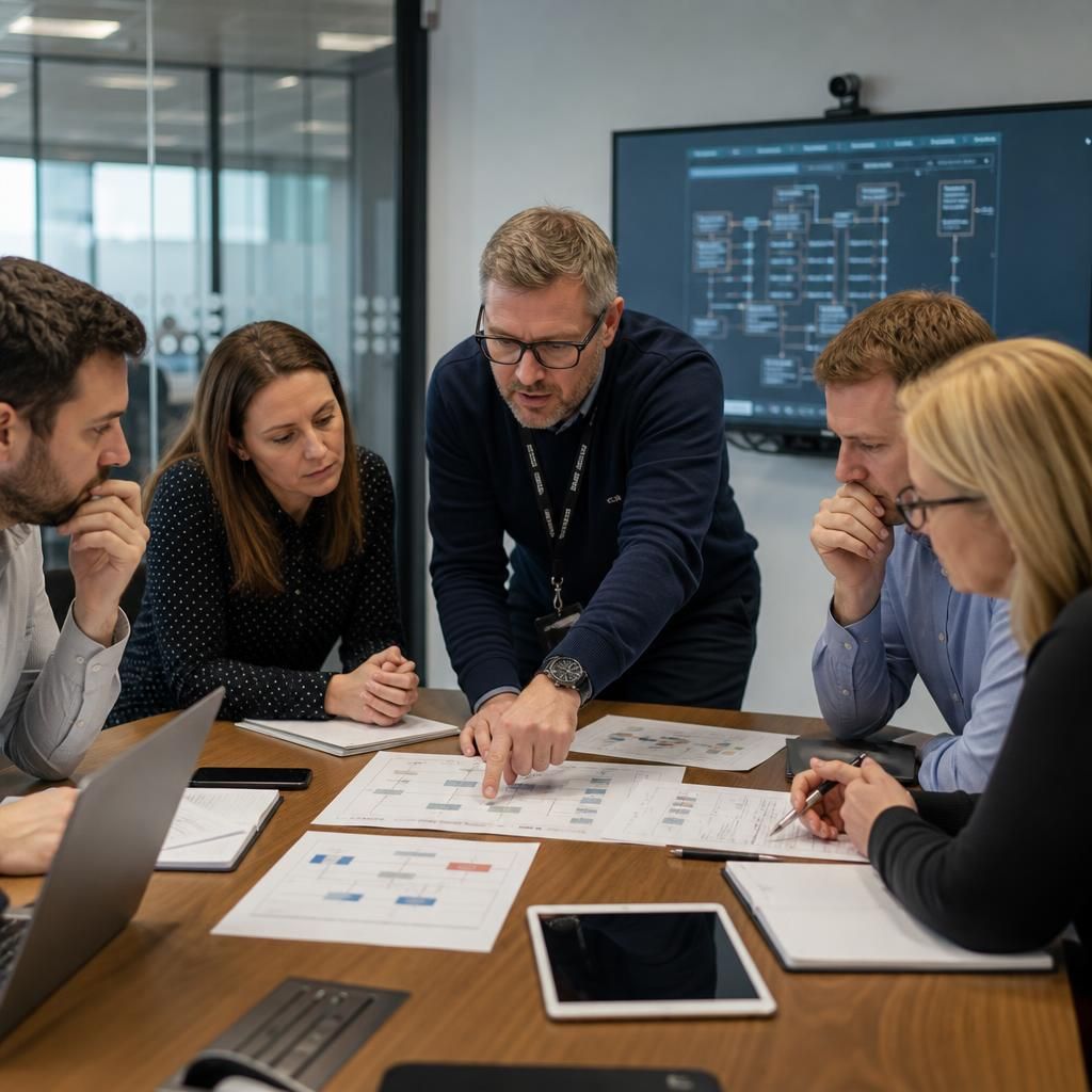 Team reviewing an incident response plan during a cyber security tabletop exercise