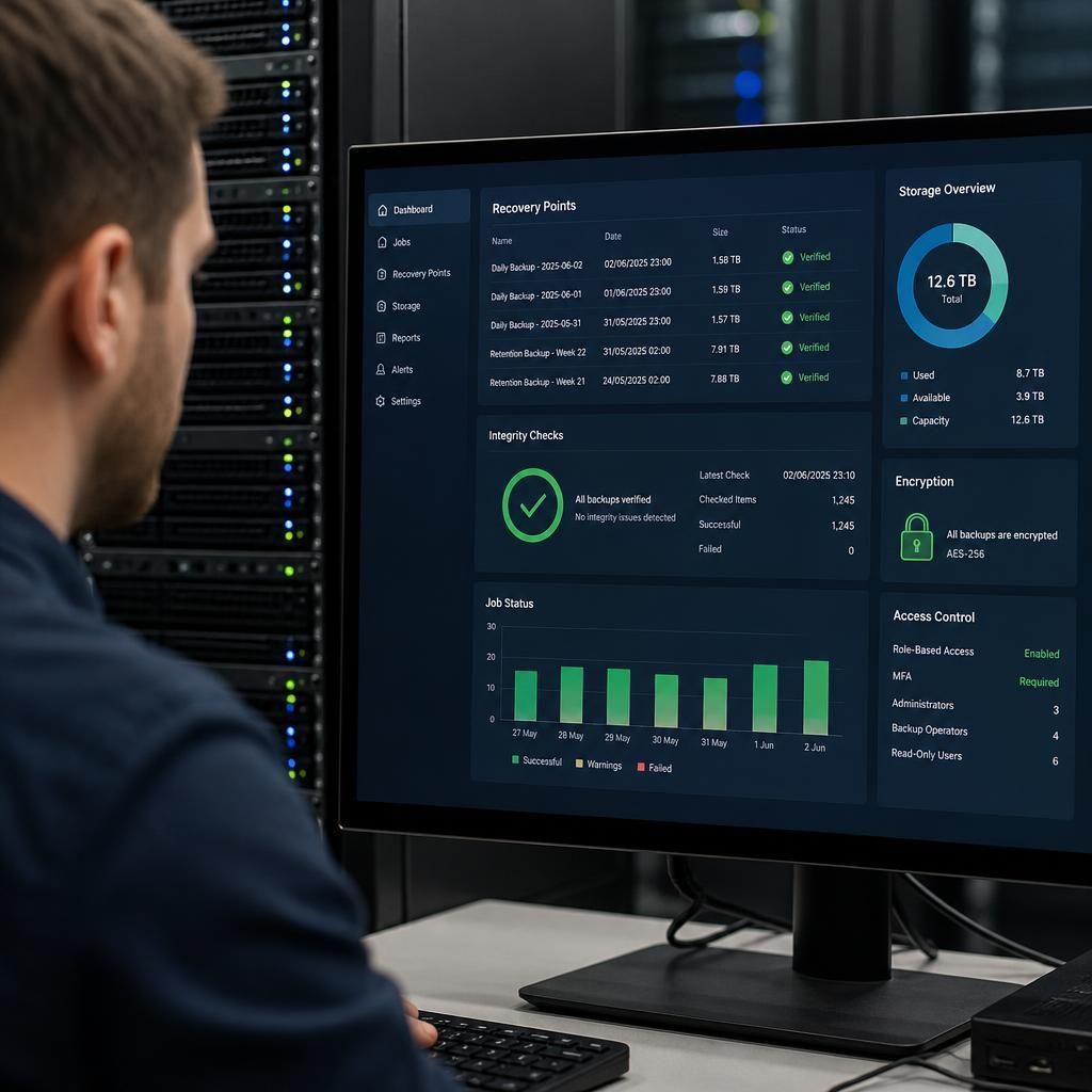 Backup server dashboard showing encrypted recovery points and restricted access settings