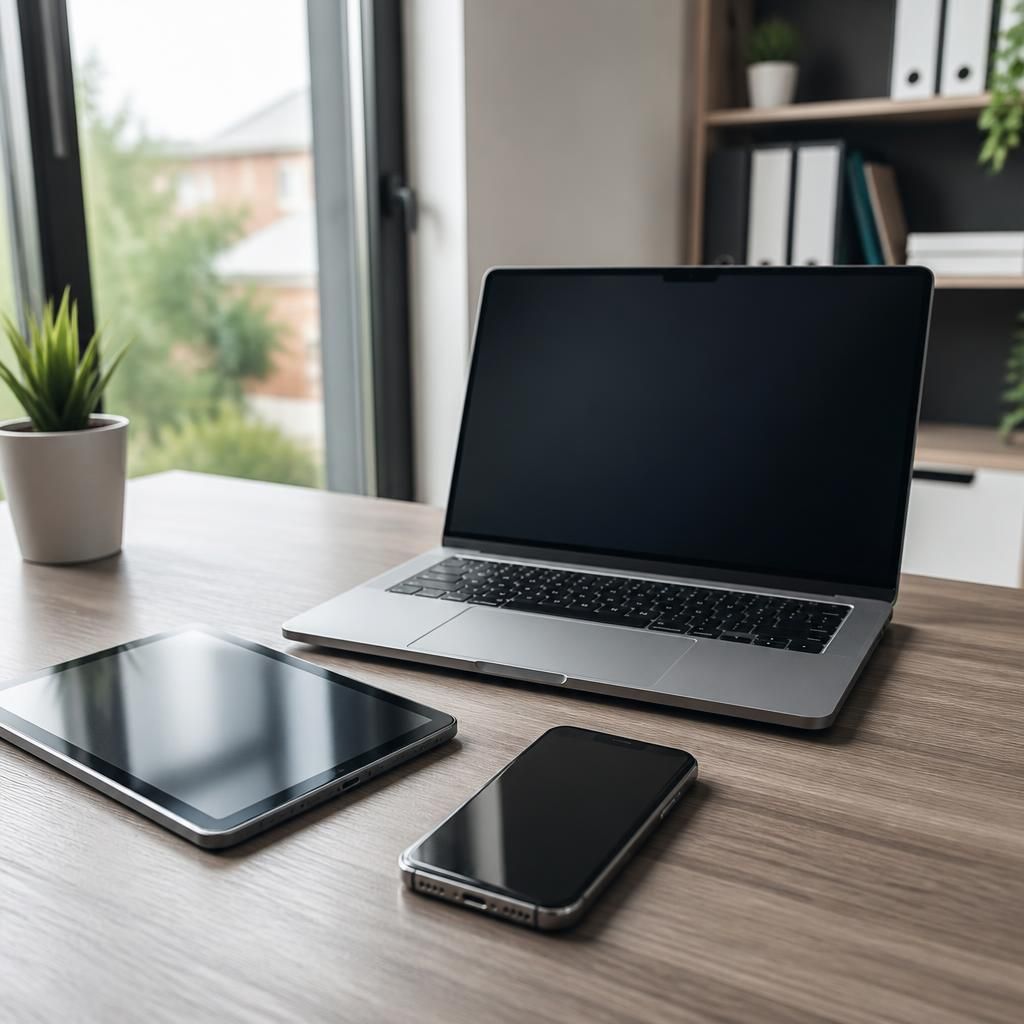 Laptop, tablet and smartphone arranged on a desk